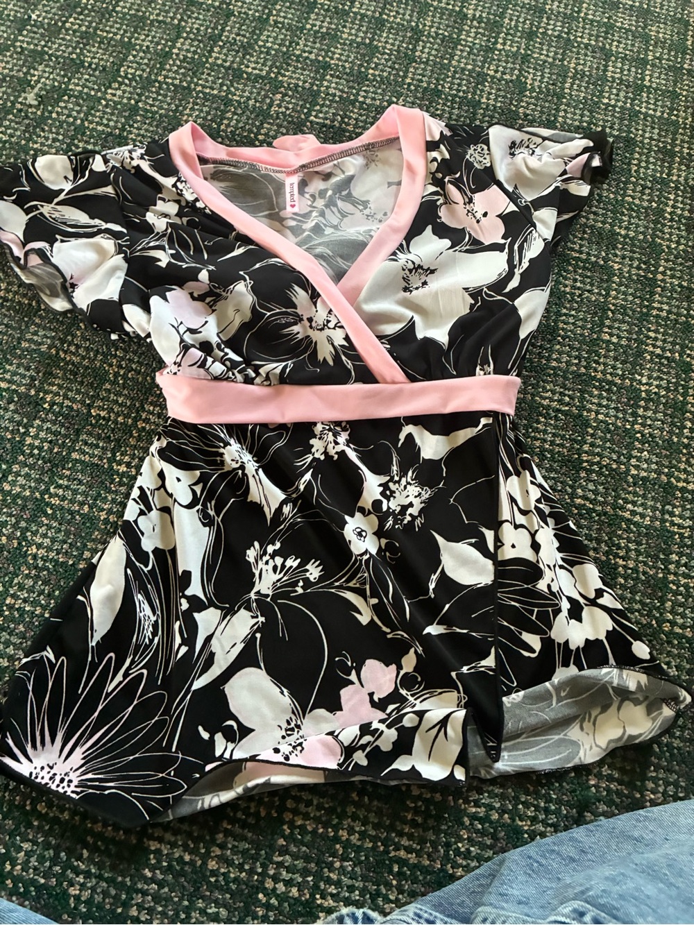Tempted Black Floral Wrap Top with Pink Trim